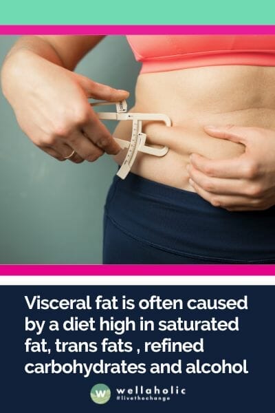 visceral fat is often caused by a diet high in saturated fat, trans fats , refined carbohydrates and alcohol.