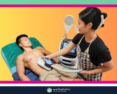 In the heart of Singapore, a male customer is experiencing the state-of-the-art WellaMuscle treatment at Wellaholic. This advanced treatment is designed to help individuals achieve their fitness goals by using EMS (Electrical Muscle Stimulation) technology to enhance muscle strength and improve body contour. The WellaMuscle treatment is a non-invasive procedure that uses electrical impulses to stimulate muscle contraction, mimicking the natural way the body moves. This process results in improved muscle tone and strength, enhancing the individual’s overall physique and fitness level. The effectiveness of the WellaMuscle treatment is widely recognized. Many customers have reported visible improvements in their muscle tone and strength after just a few sessions, making it a popular choice for those seeking a safe and effective fitness enhancement treatment. The male customer undergoing the treatment is in the capable hands of Wellaholic’s professional staff. Their expertise and dedication to customer satisfaction ensure a positive and comfortable experience throughout the treatment process.