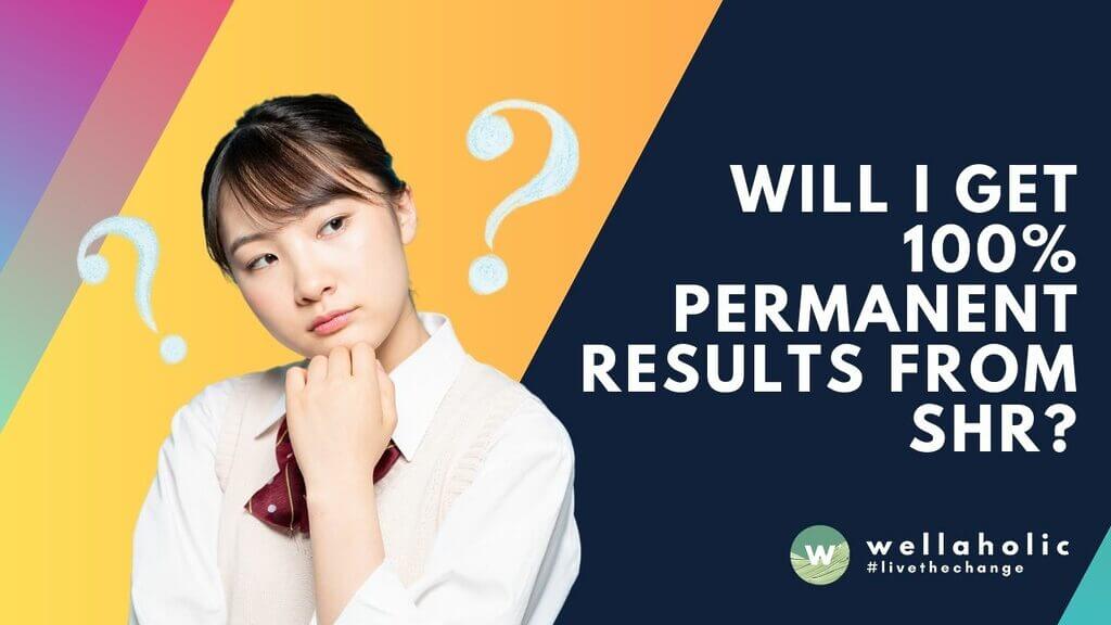 “Woman thinking with question marks in background and text asking ‘Will I get 100% permanent results from SHR?’ on a colorful Wellaholic branded banner.