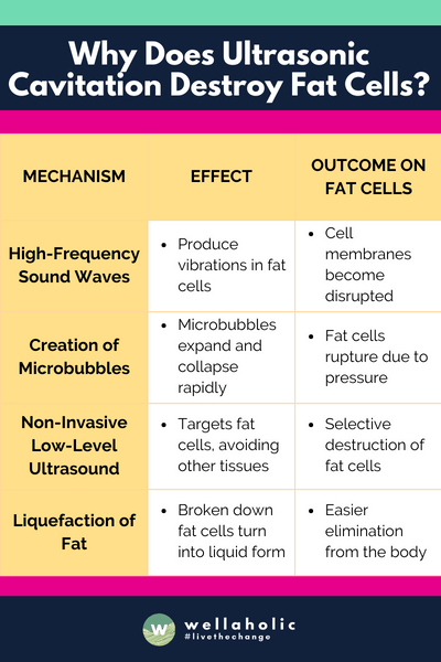 The table succinctly presents the mechanisms of ultrasonic cavitation in destroying fat cells, outlining the process from high-frequency sound waves causing cell membrane disruption to the liquefaction of fat, leading to its easier elimination from the body.