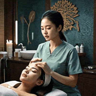 animated photorealistic gif image of a pretty modern Asian lady undergoing a scalp peel