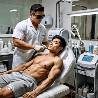 an animated gif image of a muscular and handsome asian male undergoing laser hair removal for his underarm at the hair removal studio by a male therapist.