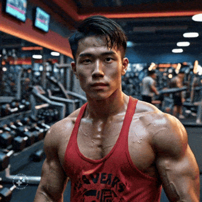 animated gif of a muscular asian with red tank top
