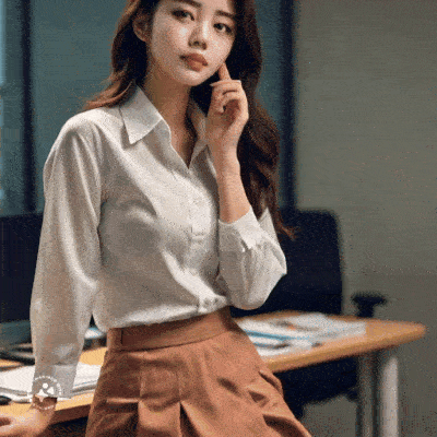 animated photorealistic gif image of a pretty Asian lady touching one side of her cheek with her index finger.