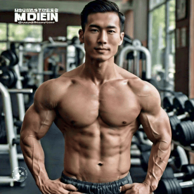 GIF of a topless asian male in the gym