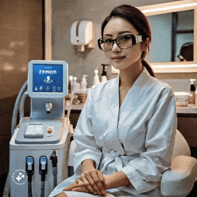 animated photorealistic gif image of a pretty modern Asian lady undergoing white laser hair removal at the salon