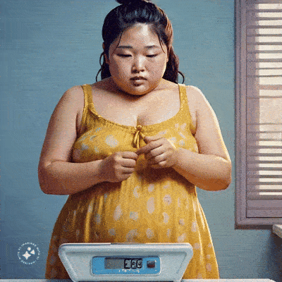 plump Asian lady who is standing on a weighing scale 
