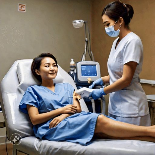 an animated gif image of an asian lady undergoing laser hair removal for her arm. the lady is smiling and at ease.